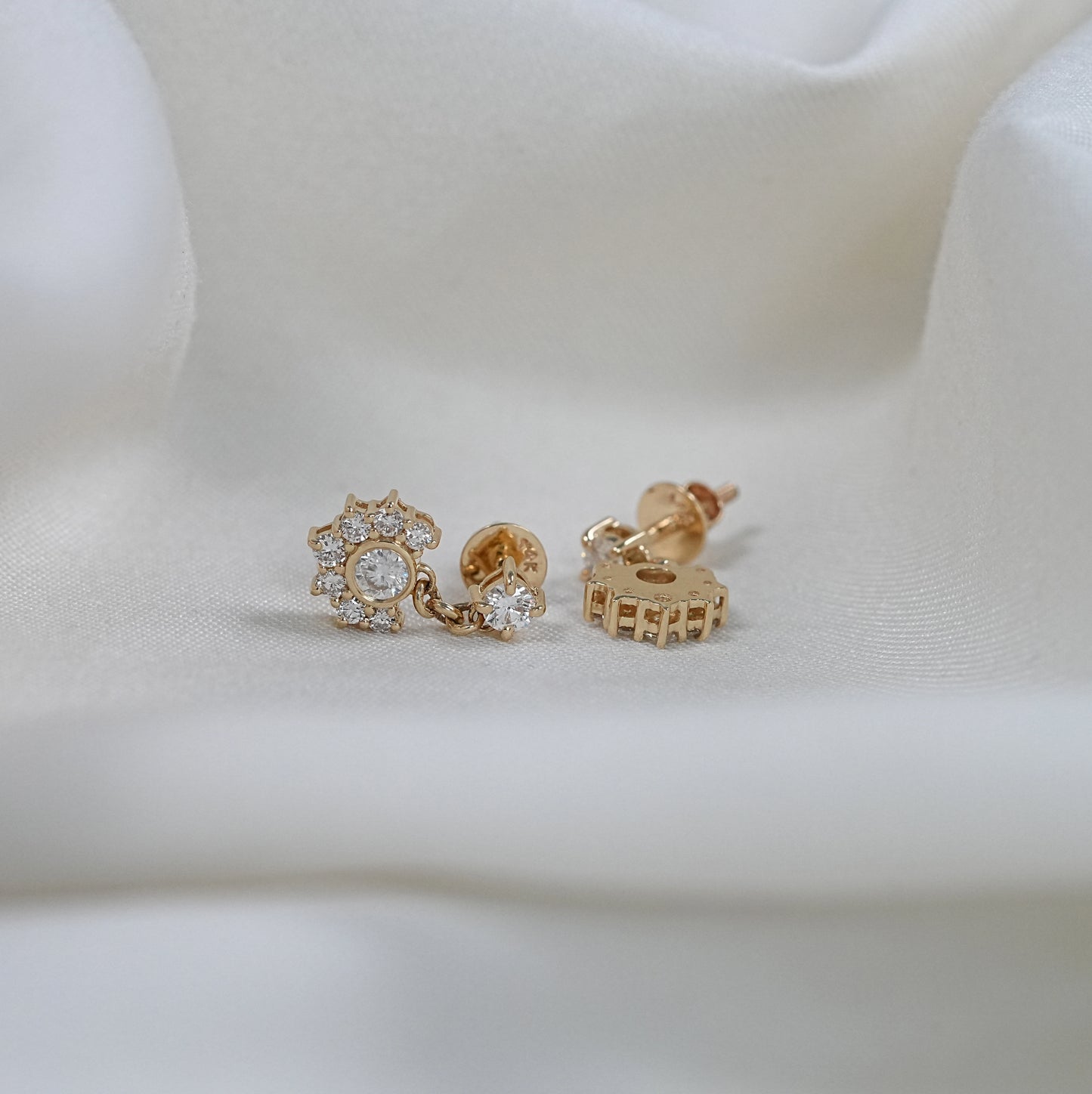 Round Cut Lab Grown Diamond Half Halo Dangle Earrings