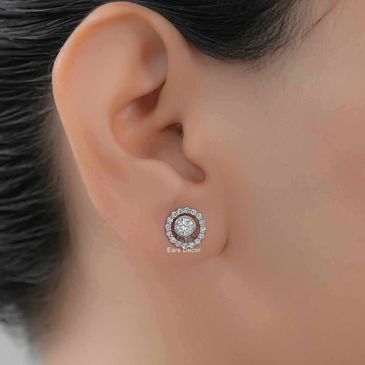 Round Diamond Bezel Set Halo Stud Earring