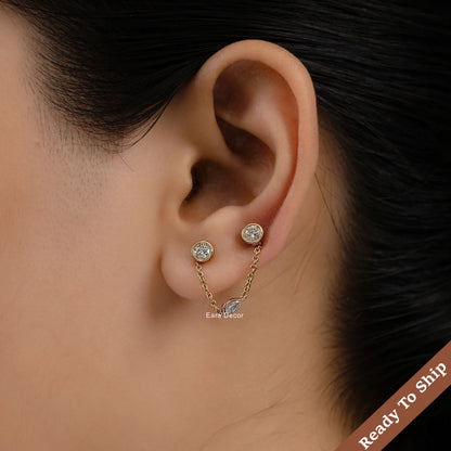 Round Bezel Set Dangling Chain Stud Earrings