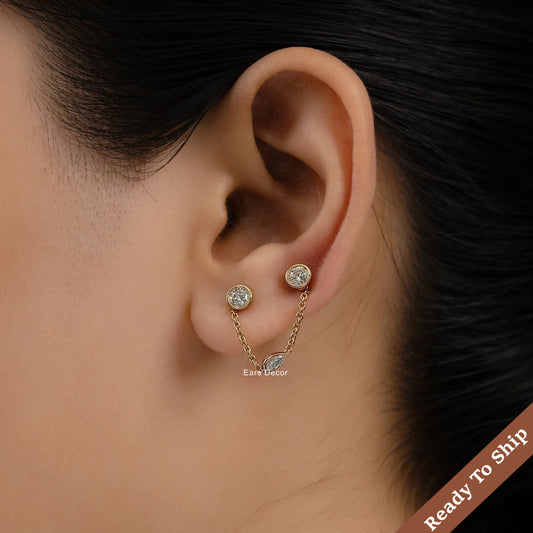 Round Bezel Set Dangling Chain Stud Earrings