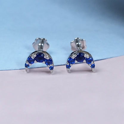 Round Sapphire Crescent Moon Dainty Studs