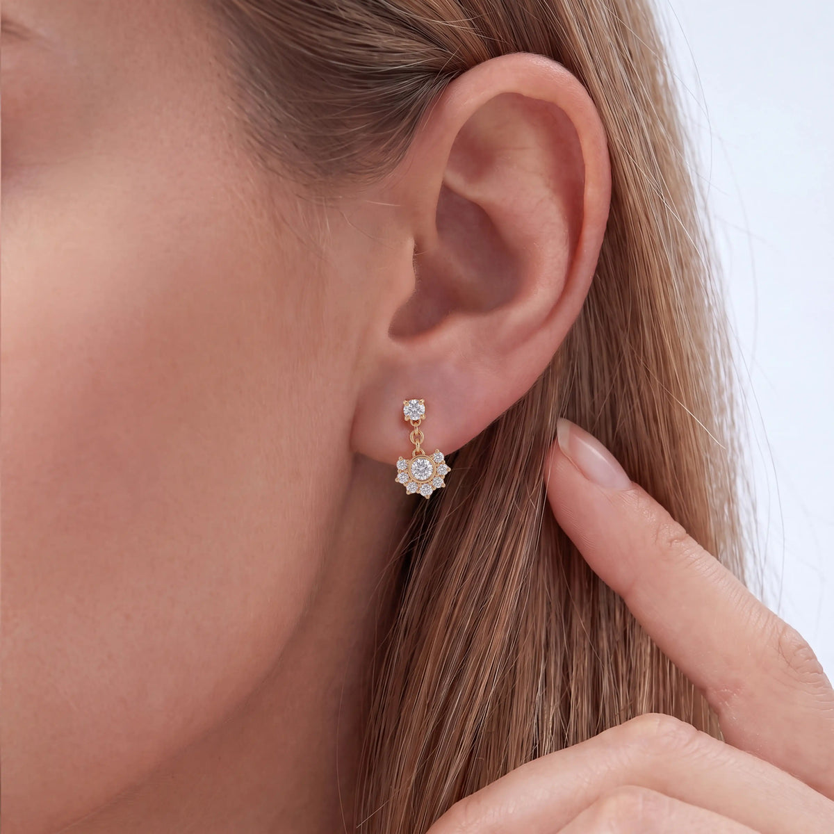 Round Cut Lab Grown Diamond Half Halo Dangle Earrings