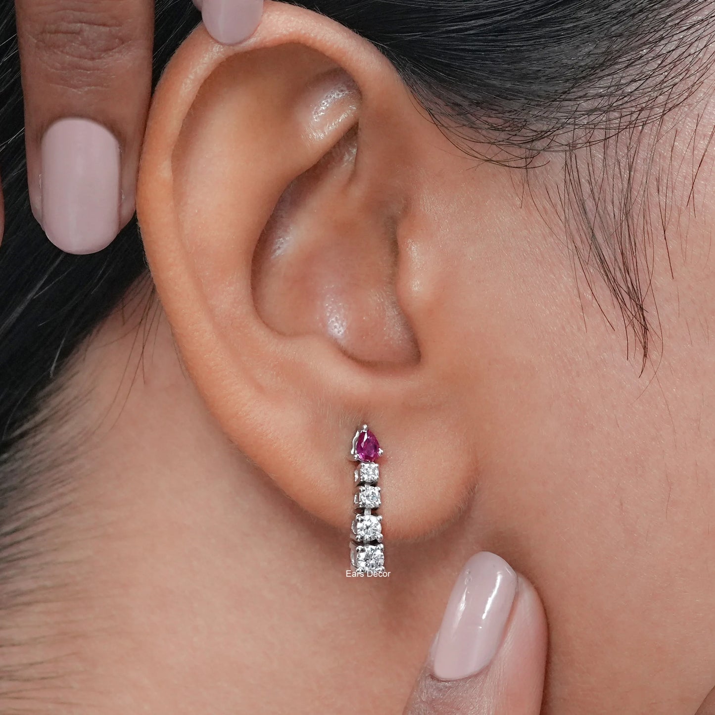 Pear Ruby And Round Diamond Tennis Drop Earrings