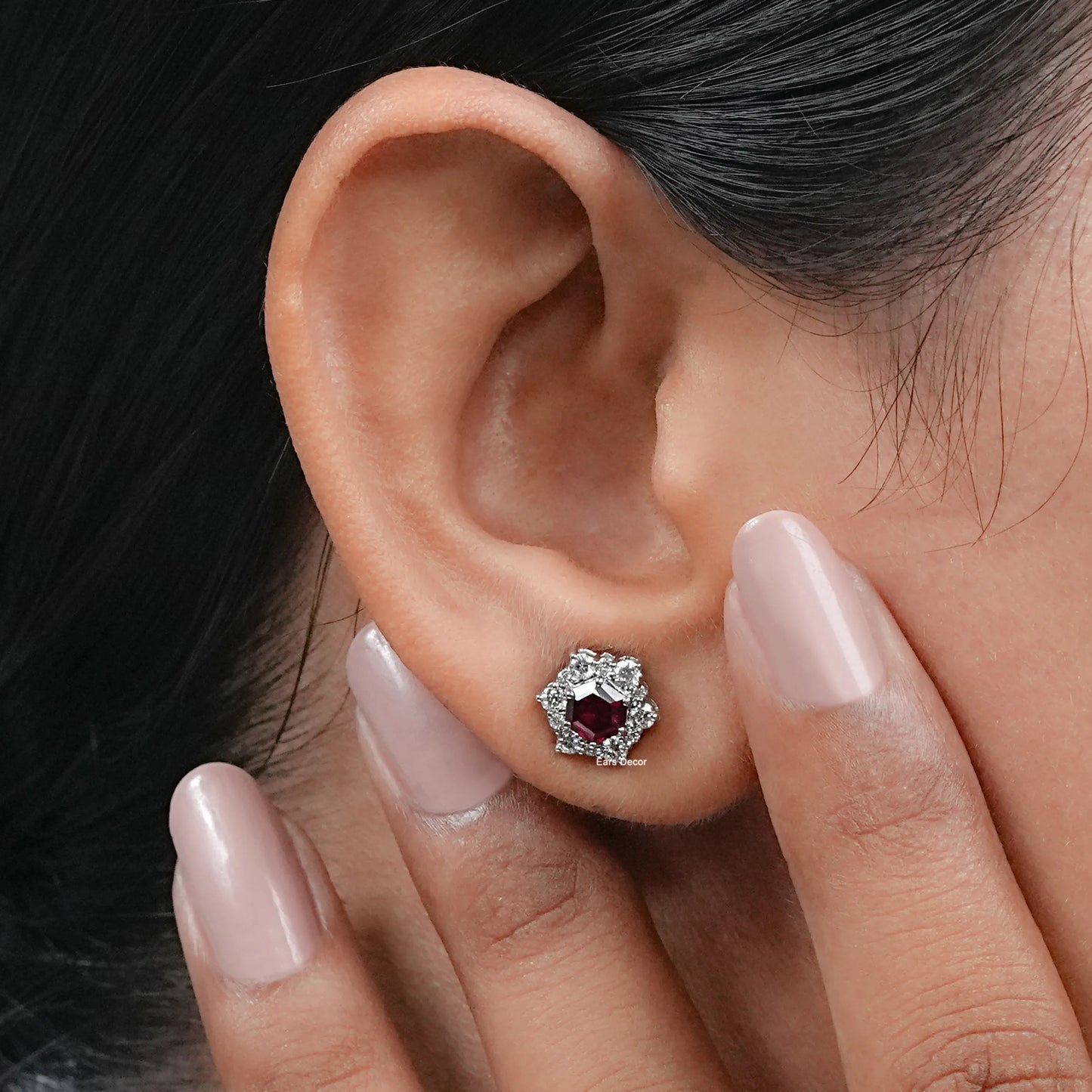 Floral Ruby Hexagon Halo Set Cluster Stud Earring