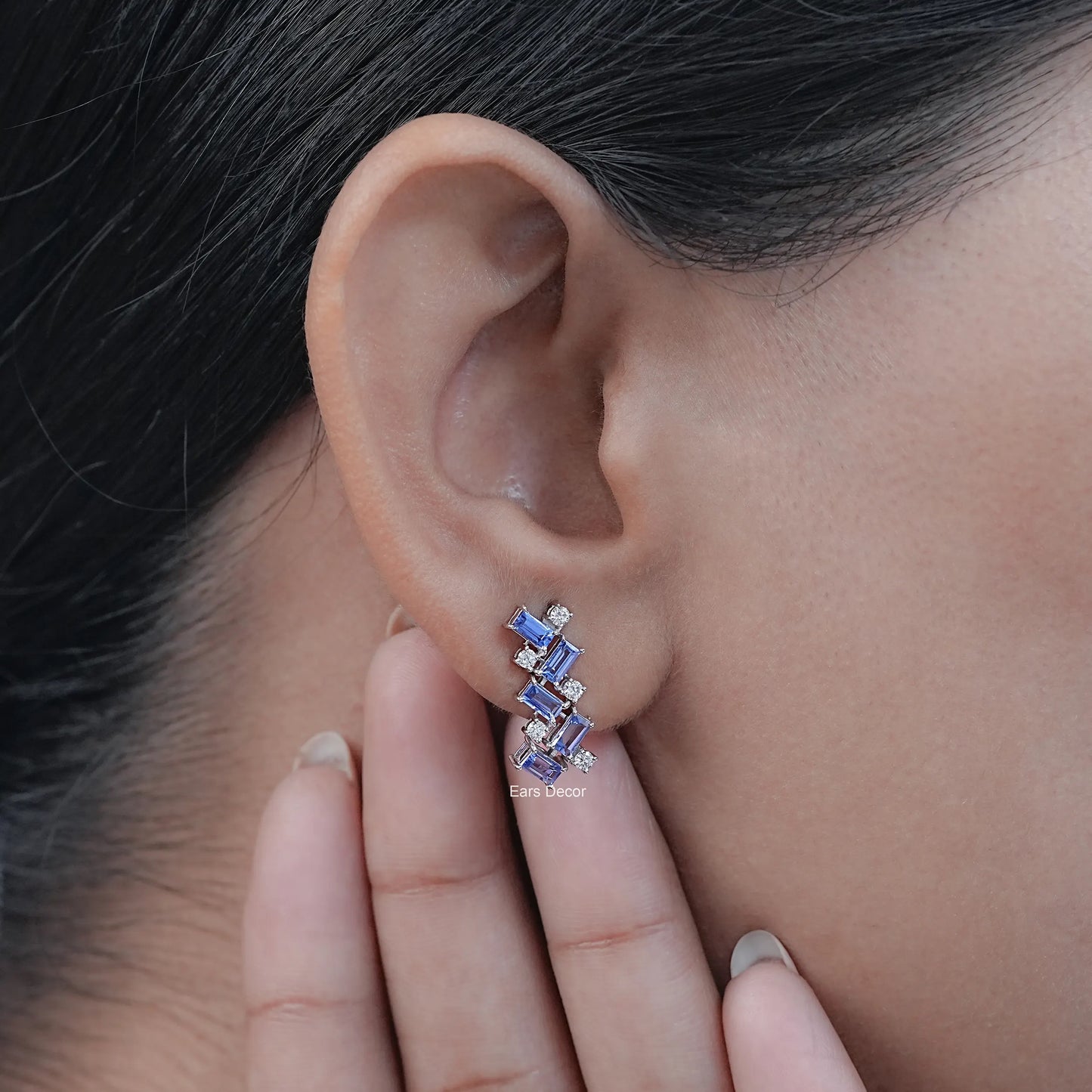 Sapphire Baguette & Round Diamond Drop Earrings