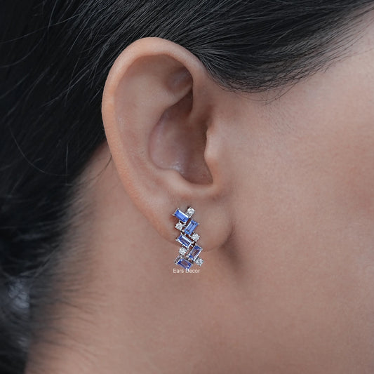 Sapphire Baguette & Round Diamond Drop Earrings