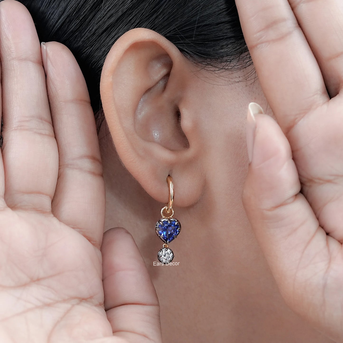 Heart Shaped Sapphire Gemstone Dangle Hoop Earrings