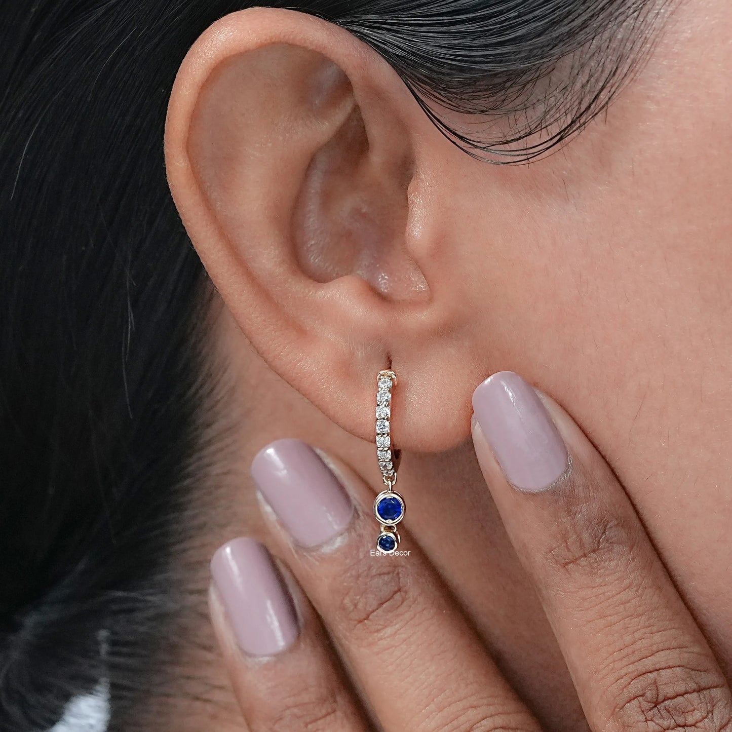 Sapphire Round Gemstone Dangle Huggie Earrings