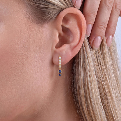 Sapphire Round Gemstone Dangle Huggie Earrings