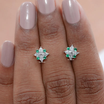 Green Round And Marquise Cut Diamond Floral Stud