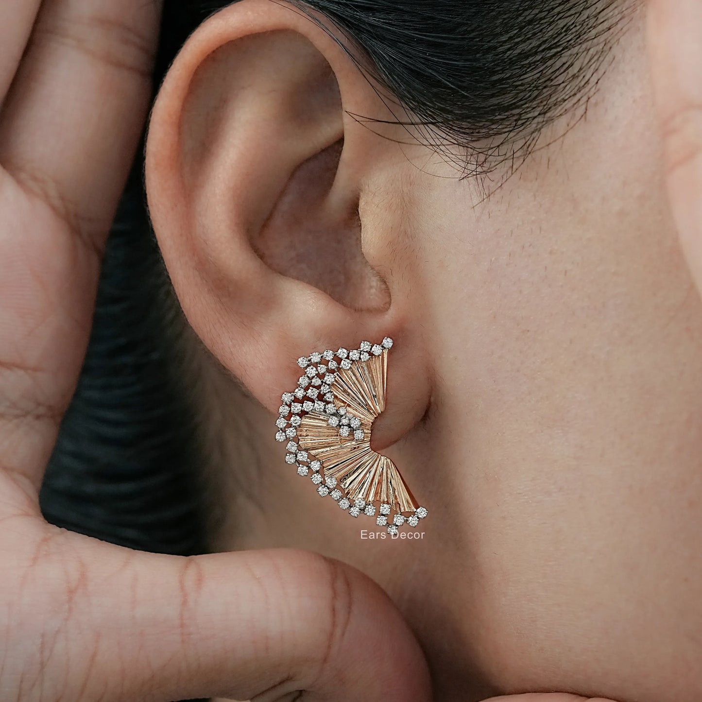 Round Cut Lab Diamond Fan Shaped Stud Earring.