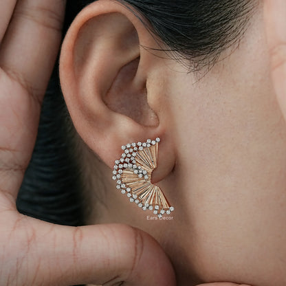 Round Cut Lab Diamond Fan Shaped Stud Earring.
