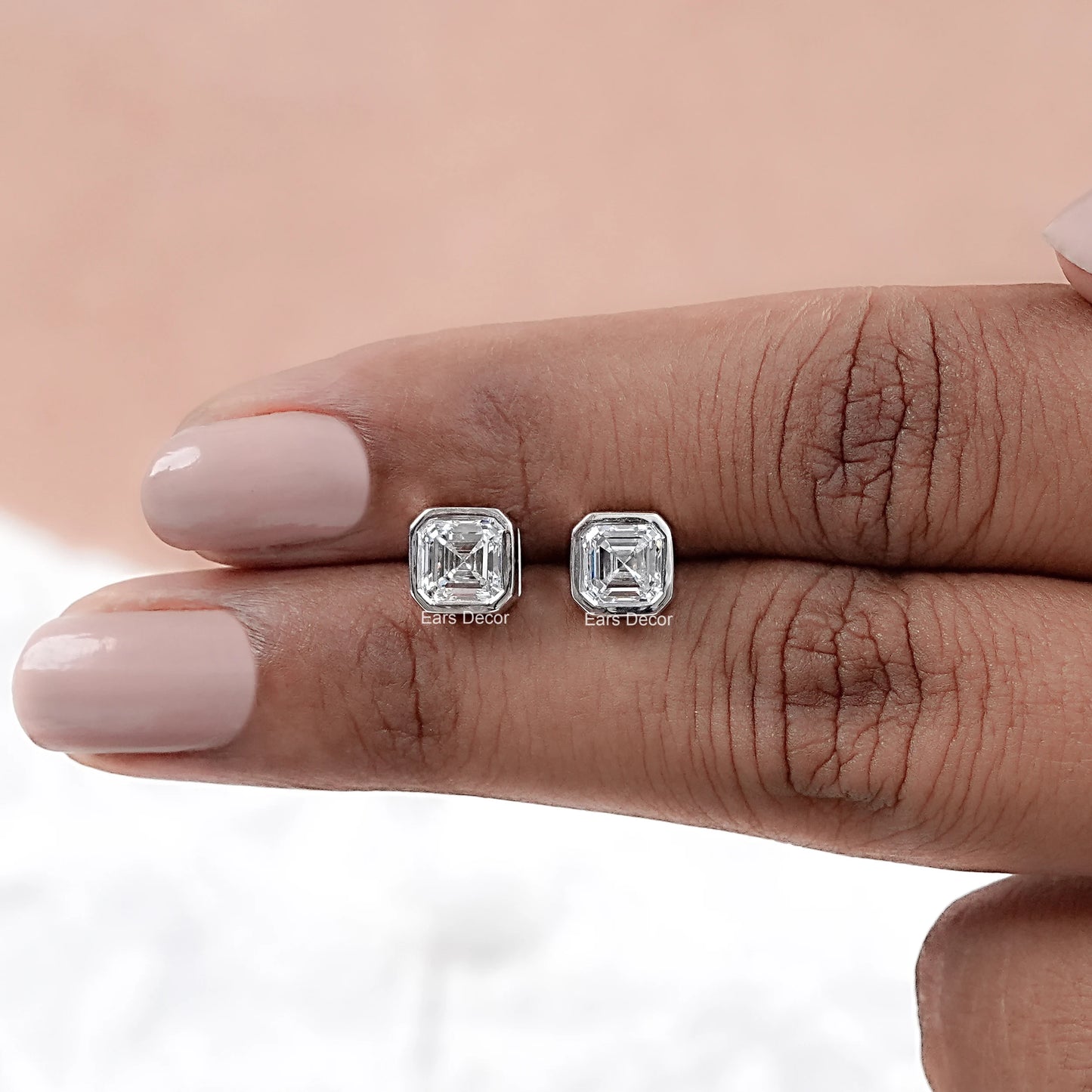 Colorless Asscher Cut Solitaire Bezel Set Stud Earrings
