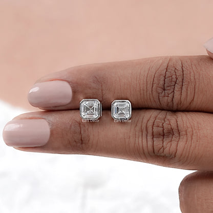Colorless Asscher Cut Solitaire Bezel Set Stud Earrings
