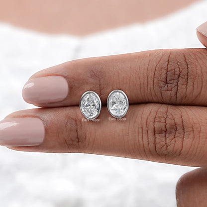 Earth Mined Oval Cut Diamond Bezel Set Stud Earrings