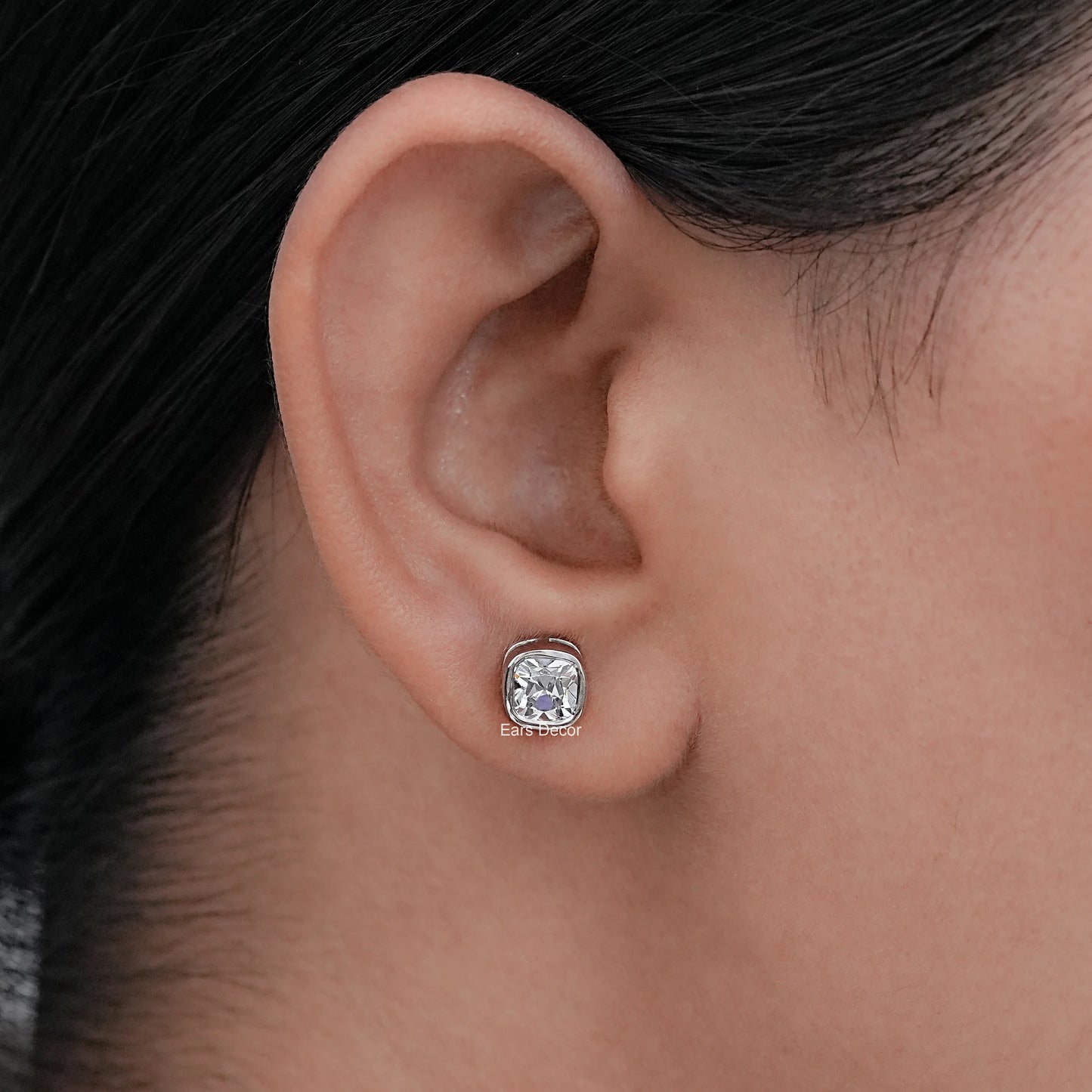 Lab Diamond Square Old Mine Cushion Diamond Bezel Set Stud