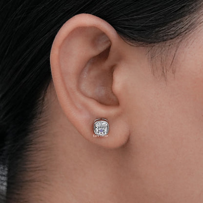Lab Diamond Square Old Mine Cushion Diamond Bezel Set Stud