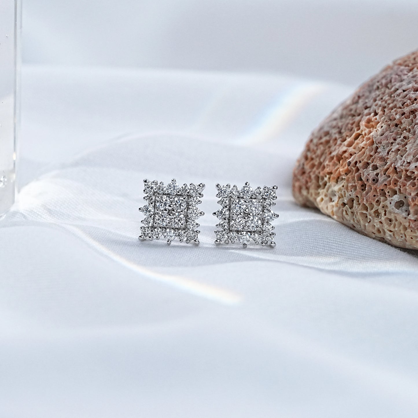 Square Shape Round Cut Lab Diamond Halo Stud Earrings
