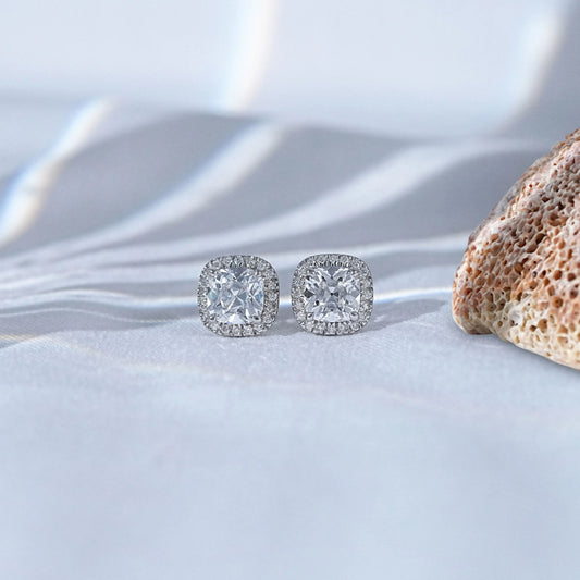 Square Old Mine Cushion Cut Lab Diamond Halo Stud Earrings