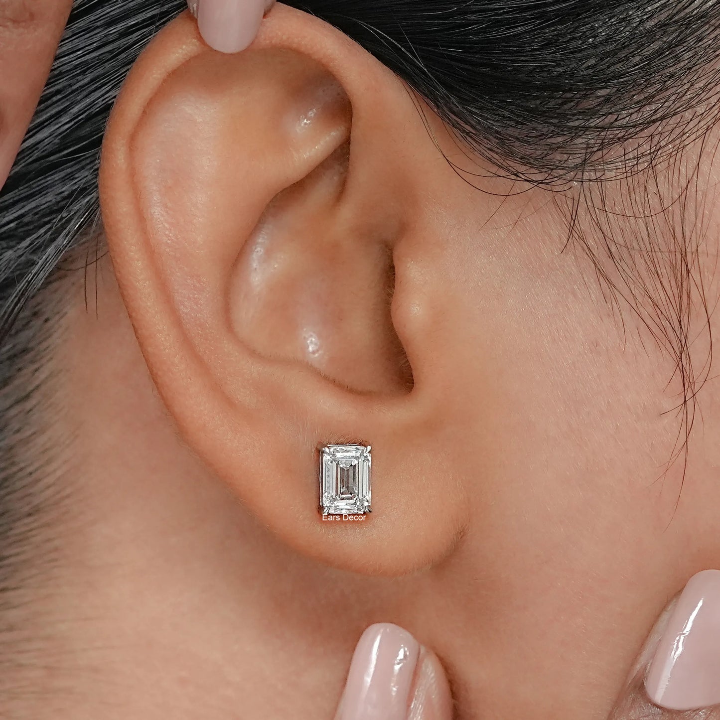 Lab grown emerald diamond stud earrings presenting a sleek elongated silhouette with a clean, refined style suited for effortless everyday elegance.