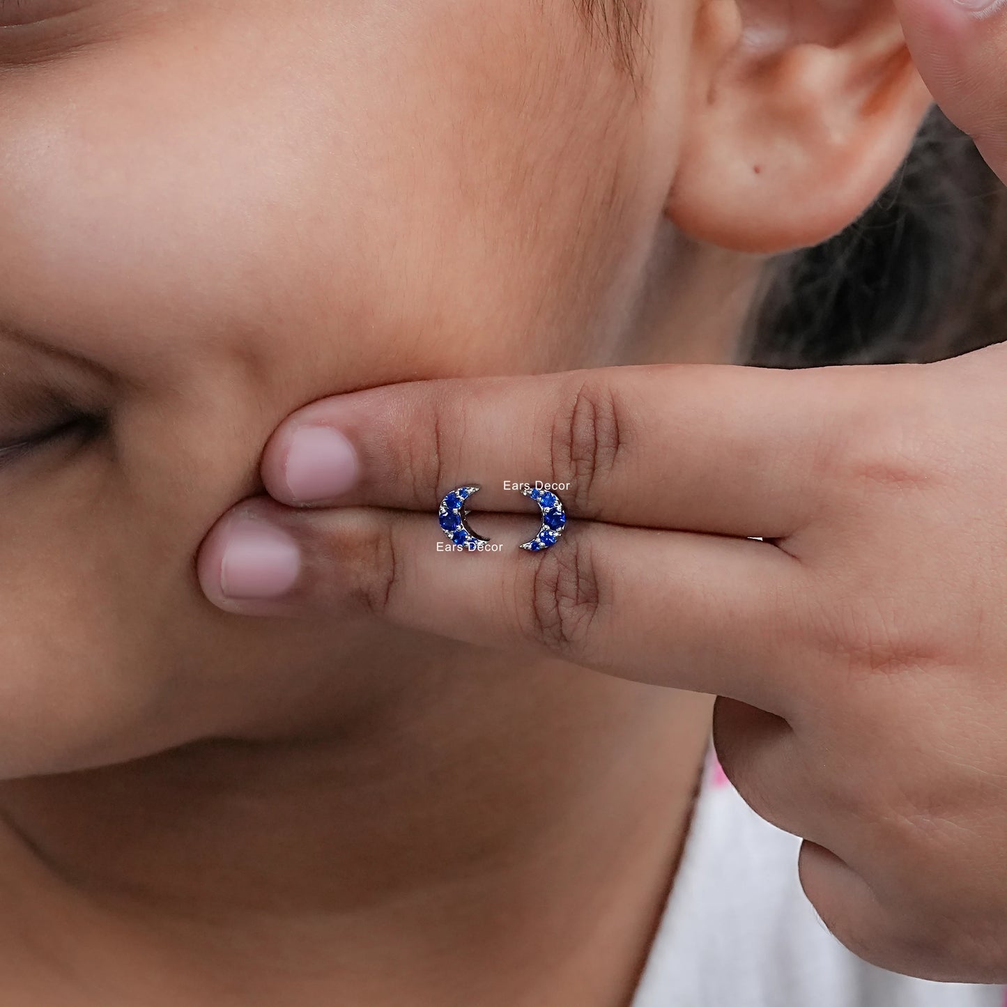 Round Sapphire Crescent Moon Dainty Studs