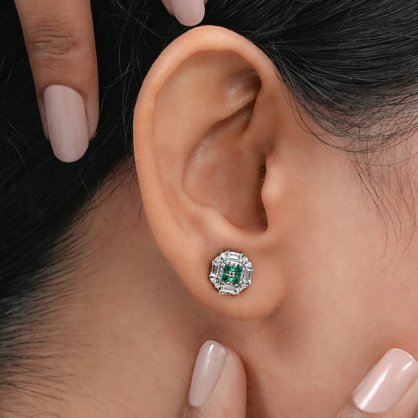Emerald Round & Baguette Cut Lab Diamond Cluster Stud Earrings
