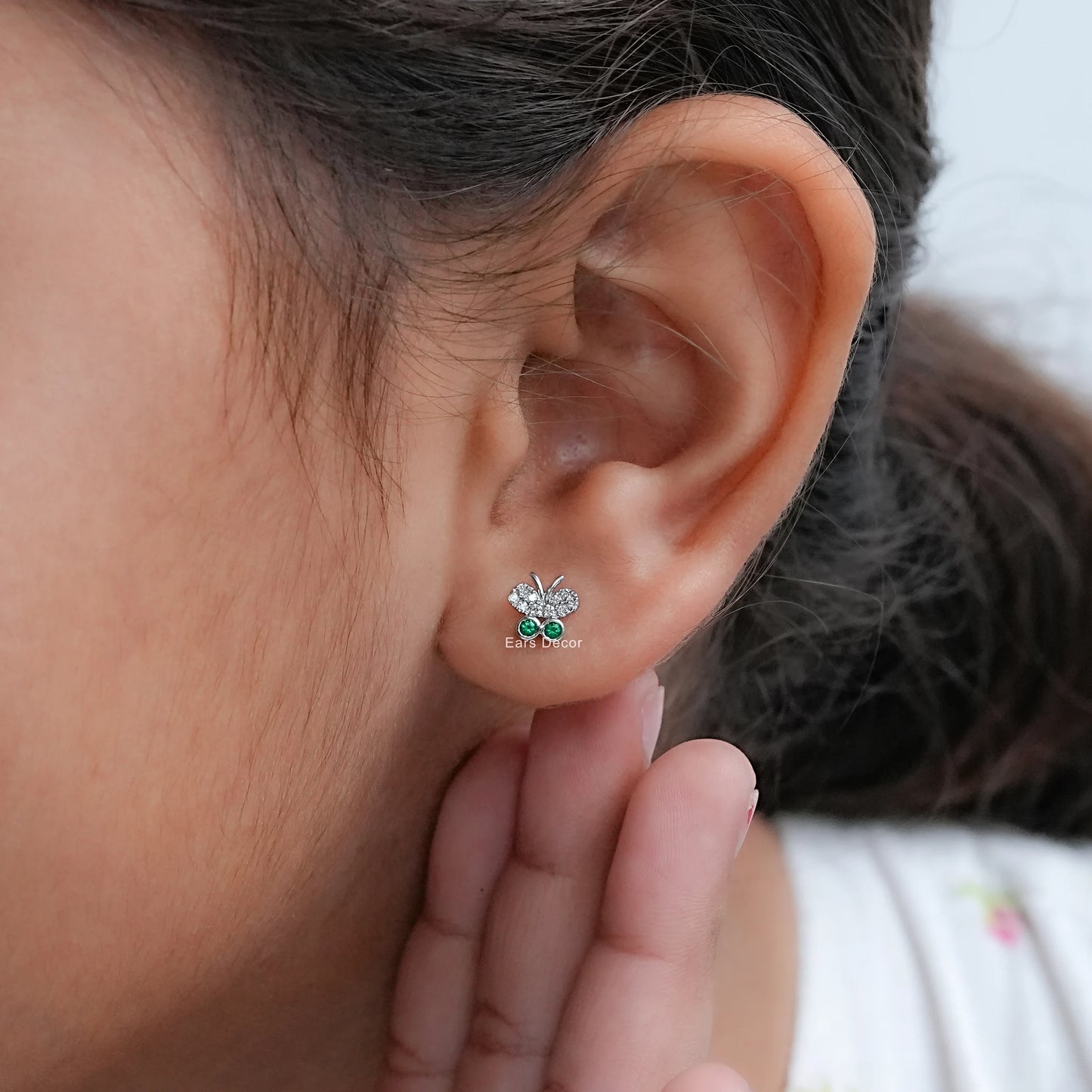 Bezel Set Green Gemstone Butterfly Stud Earrings