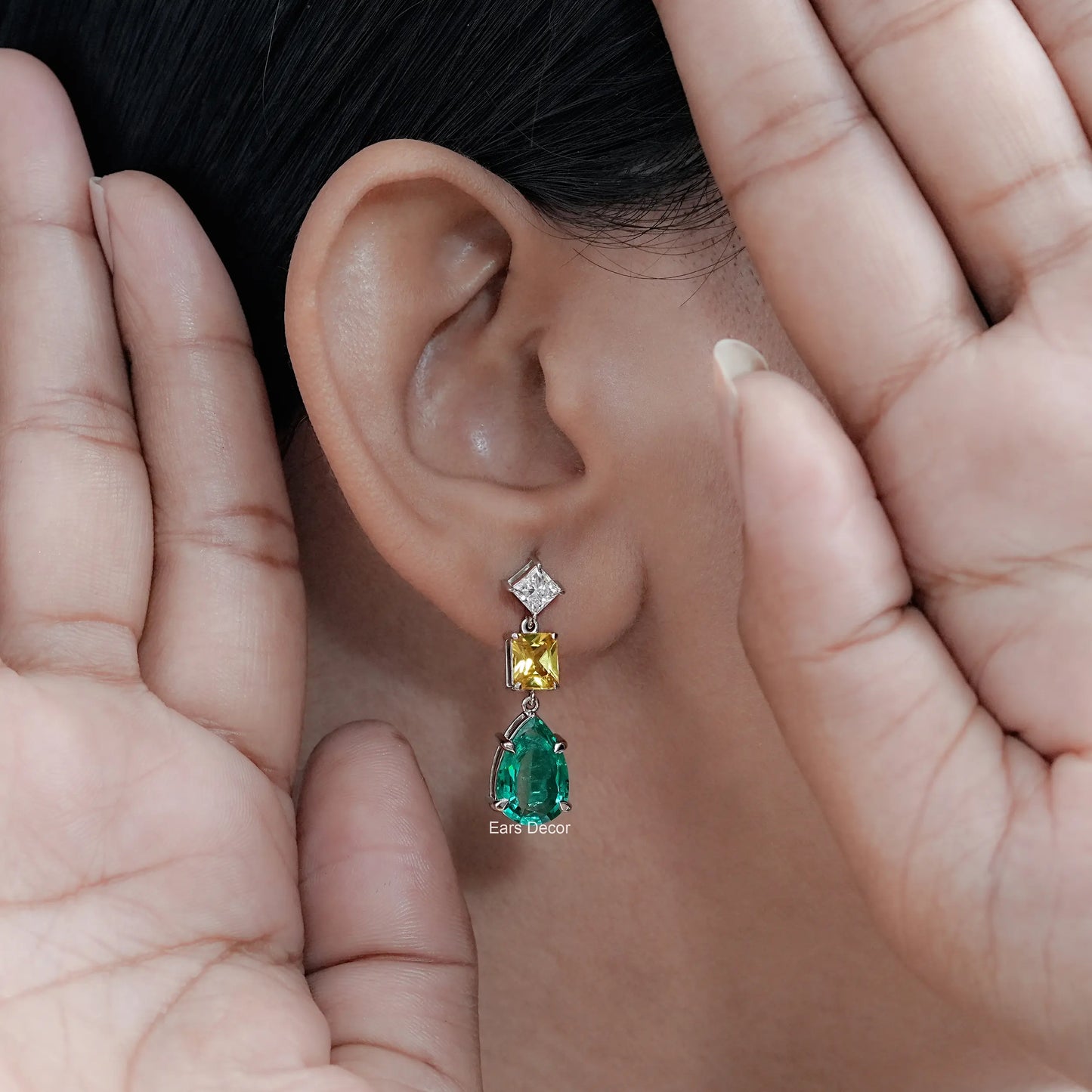 Lab Diamond & Emerald Gemstone Tear Drop Earrings