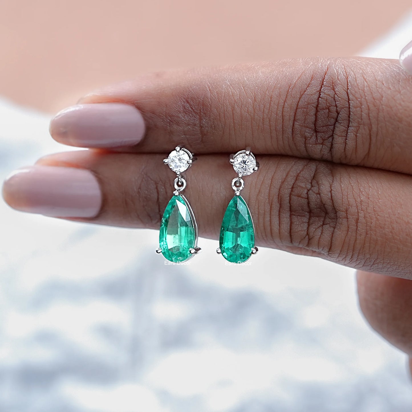 Pear Shaped Emerald Gemstone & Lab Diamond Drop Earrings