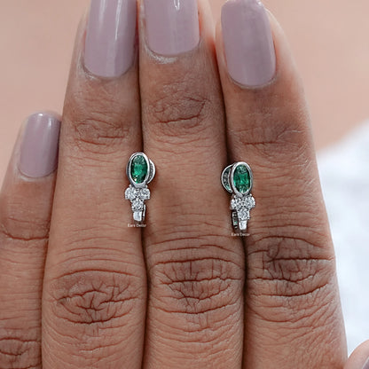 Green Oval Three Round Diamond Curved Earrings