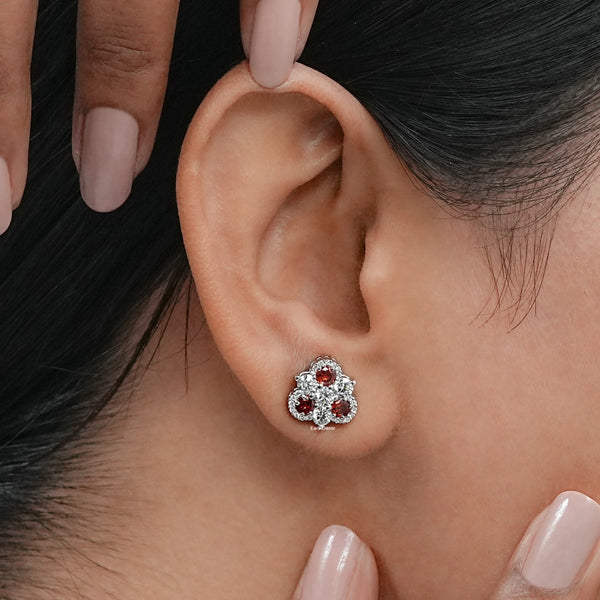 Three Stone Ruby Diamond Stud Earrings