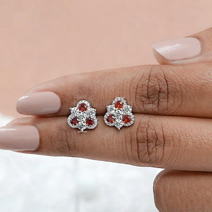 Three Stone Ruby Diamond Stud Earrings