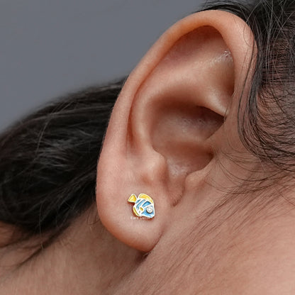 Blue Enamel Tiny Fish Stud Earrings