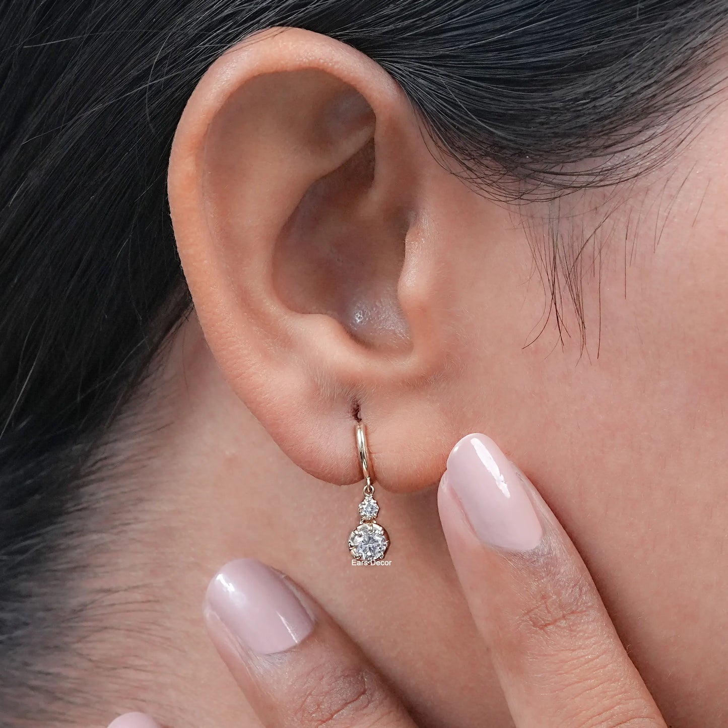 Natural Round Diamond Drop Huggie Hoop Earrings