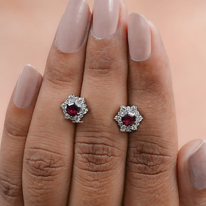 Floral Ruby Hexagon Halo Set Cluster Stud Earring