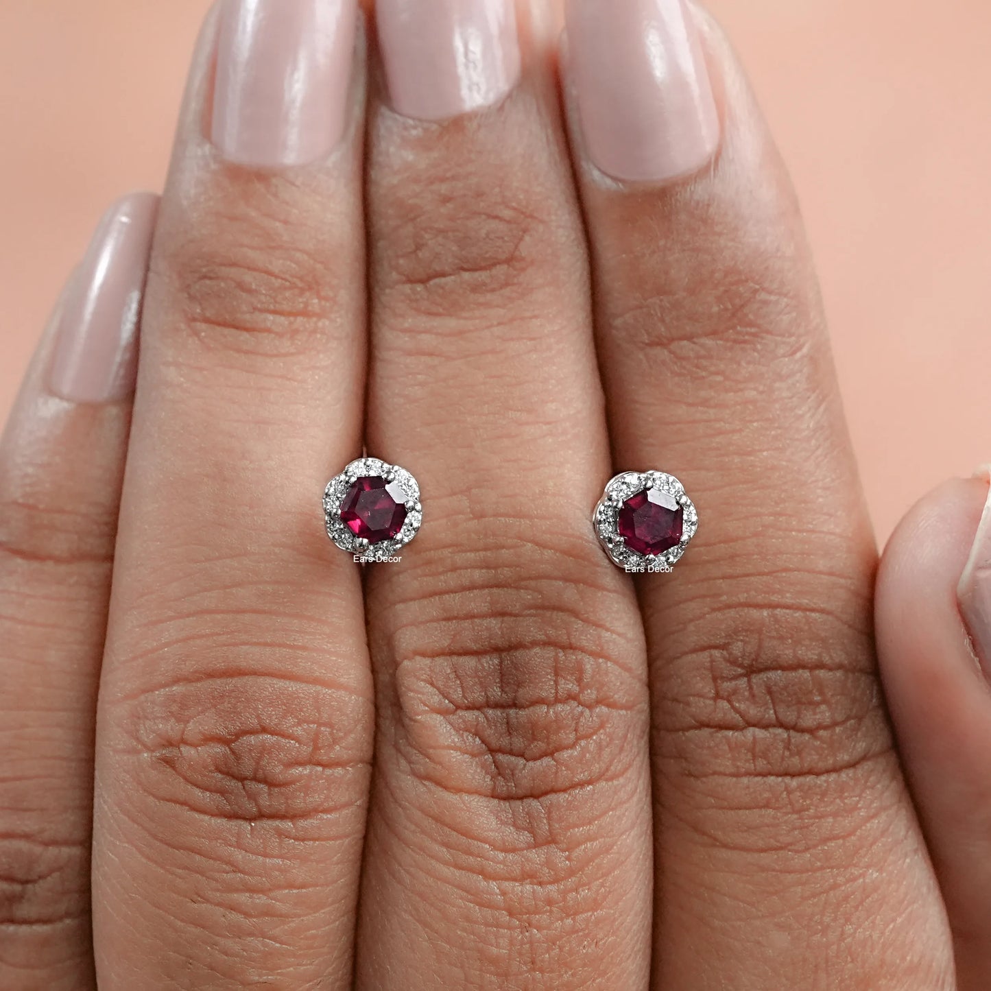 Hexagon Cut Ruby Gemstone Halo Stud Earrings