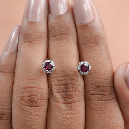 Hexagon Cut Ruby Gemstone Halo Stud Earrings
