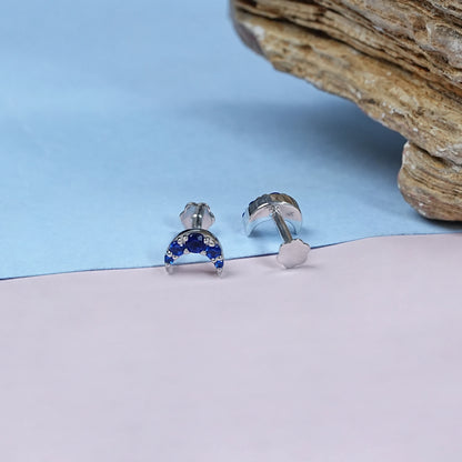 Round Sapphire Crescent Moon Dainty Studs