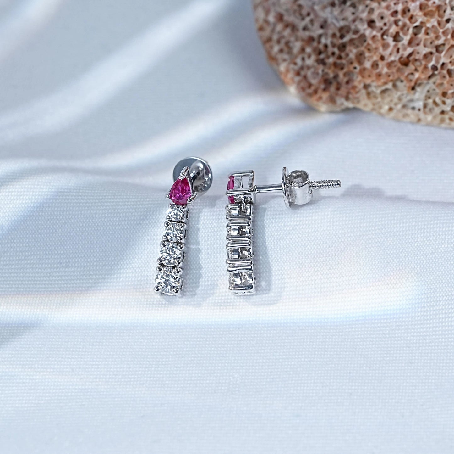 Pear Ruby And Round Diamond Tennis Drop Earrings