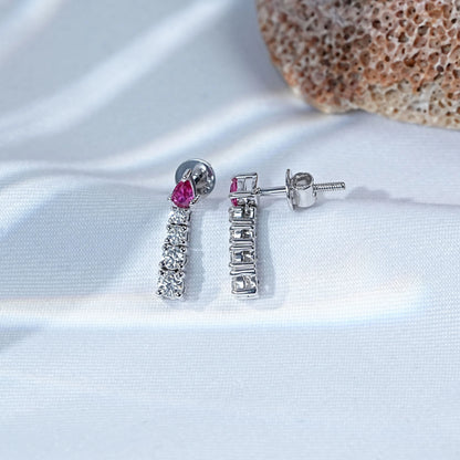 Pear Ruby And Round Diamond Tennis Drop Earrings