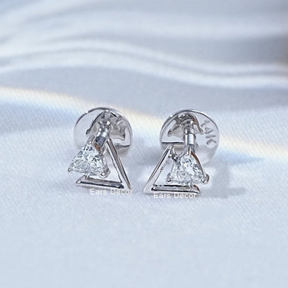 Two dainty 14k white gold triangle stud earrings sparkling clear crystal stone open geometric shape matching pair soft background