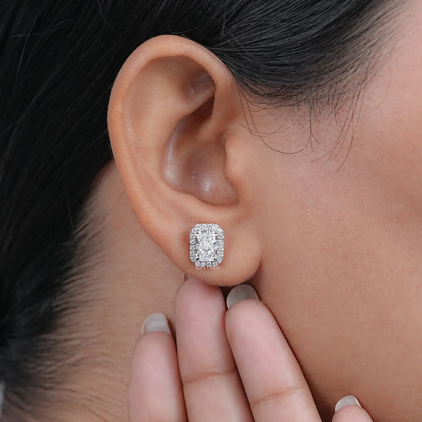 Lab Grown Radiant Diamond Halo Stud Earrings