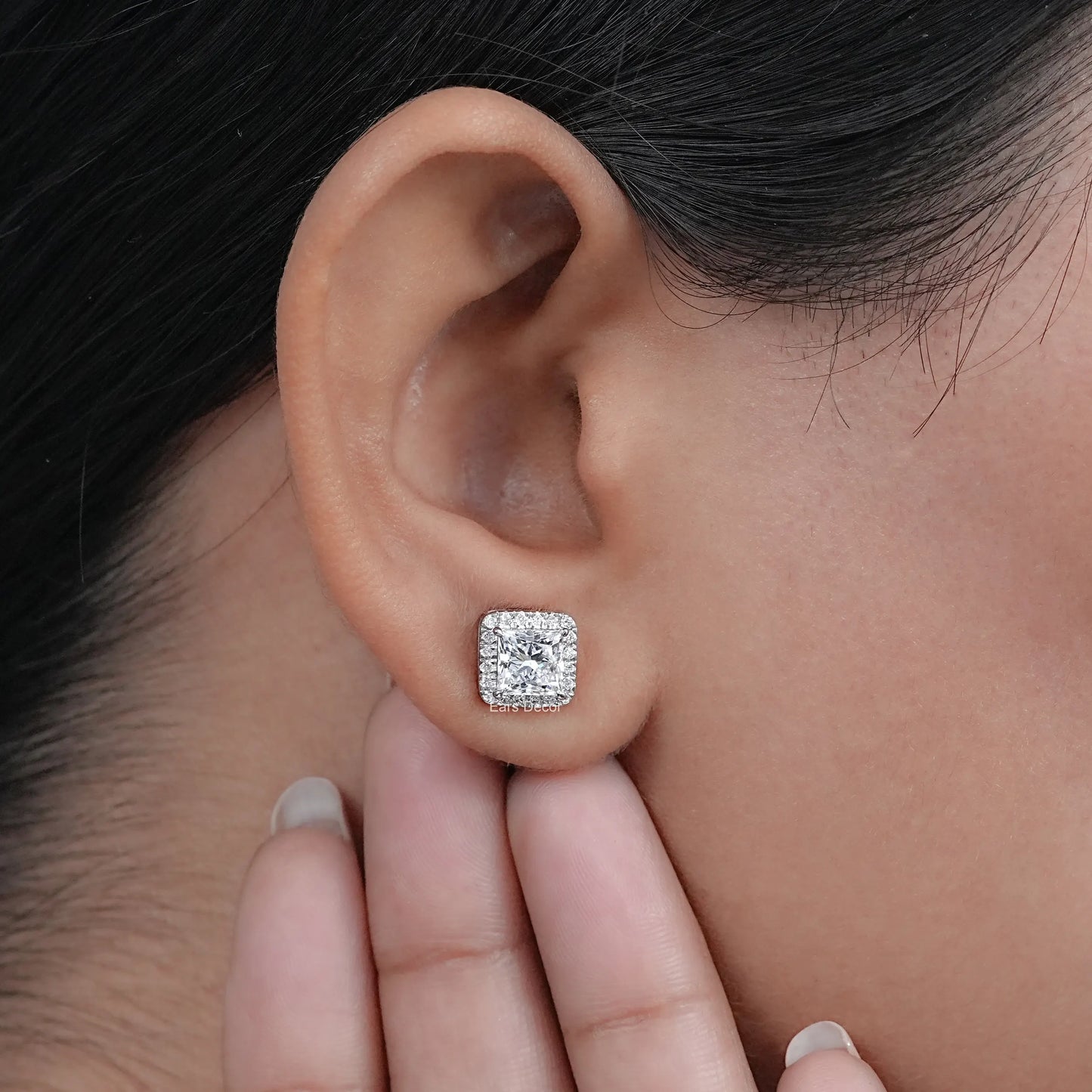 Princess cut Lab Grown Diamond Halo Stud Earrings