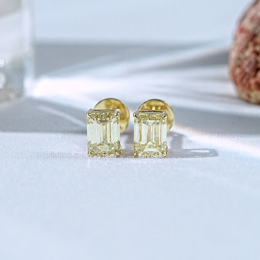 Yellow Emerald Cut Diamond Stud Earring