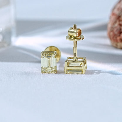 Yellow Emerald Cut Diamond Stud Earring