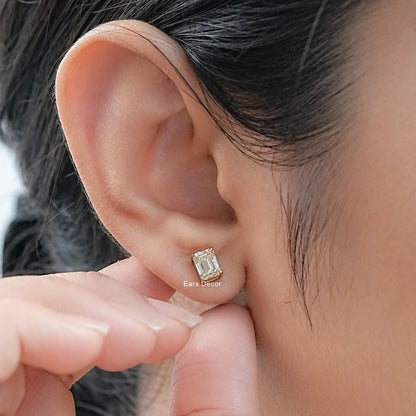 Yellow Emerald Cut Diamond Stud Earring