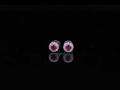 Diamond Round And Tourmaline Pink Halo Stud Earrings