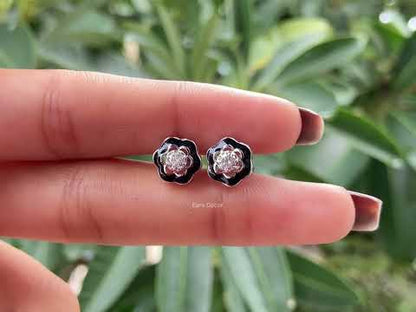 Black Enamel Natural Round Solitaire Stud Earrings