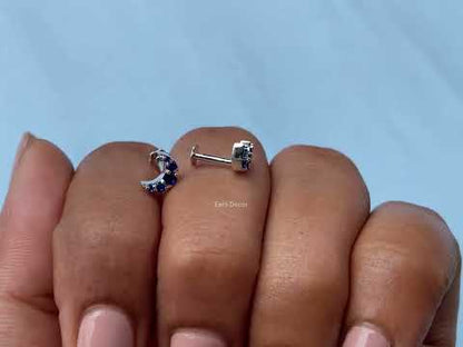 Round Sapphire Crescent Moon Dainty Studs
