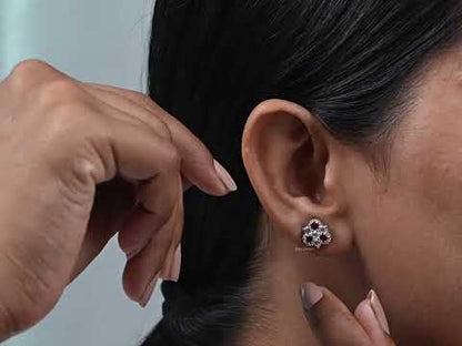 Three Stone Ruby Diamond Stud Earrings